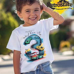 Personalized Birthday Boy T-Shirt | Custom Race Car Shirt | age 3 and Name Customizable | Boys Birthday Gift | Race Car Birthday Shirt