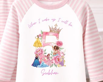 Personalised Pink Princess Birthday Pyjamas for Girls, Custom Age and Name PJ Set, Birthday Morning Keepsake Sleepwear, UK Only Gift
