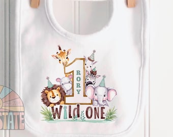 Personalized Wild One Safari Birthday Bib for Baby Boy or Girl, Jungle Animal Cake Smash Bib with Name, First Birthday Party Outfit Gift