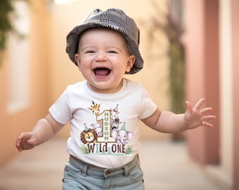 Camisa personalizada de primer cumpleaños, cumpleañero personalizado, cumpleañera, animales de la selva, camisa Safari Wild One, león, jirafa