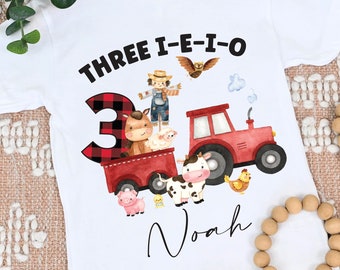 Tres i-e-i-o camisa de cumpleaños, camisa de 3er cumpleaños, camisa de tractor de granja, camiseta para niños pequeños de granja - tTercer cumpleaños camiseta para niños, 3er cumpleaños del niño