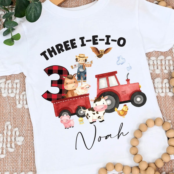 Three i-e-i-o Birthday Shirt, 3rd Birthday Shirt, Farm Tractor Shirt , Farm Toddler Tee - tThird Birthday Children's Tee, Boy's 3rd Birthday