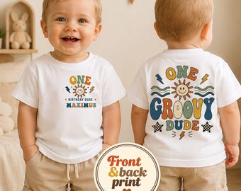 One Groovy Dude Shirt, Personalised 1st Birthday Shirt Boy, Retro Sun Front and Back Print, Custom Name Toddler Top