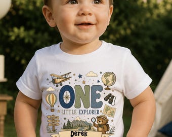 One Little Explorer Shirt, Personalised 1st Birthday Top Boy, Vintage Adventure Custom Name Vest, Safari Compass Birthday Gift