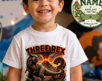 Personalised Three Rex Birthday Shirt, 3rd Birthday Dinosaur Shirt Boy, Custom Name T Rex Volcano Tee, Dino Birthday Outfit Toddler Boy