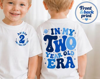 Personalised 2nd Birthday Shirt, In My Two Year Old Era Toddler Top, Custom Name Age Space Design, Front and Back Print, Boys Birthday Gift