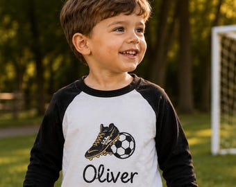 Personalised Football Shirt, Embroidered Name Football Top, Boys Baby Toddler Raglan Top, Football Boot Gift, Sports Birthday Top