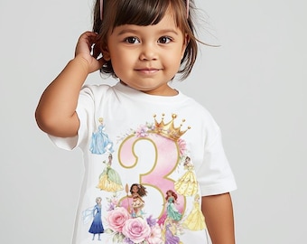 Crown & Roses Princess Birthday T-Shirt – Custom Name + Age Number, Fairy Tale Girl Shirt, Any Age
