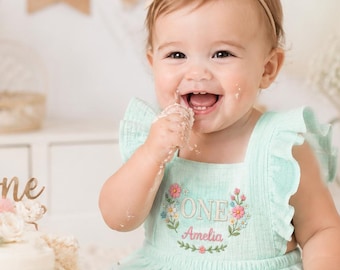 Personalised Floral Embroidered Romper, Baby Girl Cake Smash Outfit, Boho First Birthday