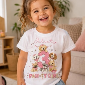 Personalisierte Patchwork Welpen Geburtstag Shirt für Mädchen, individuelles Name Alter T-Shirt, Pawty Girl Dog Party Outfit, niedliches Welpen-Liebhaber Geschenk