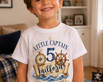 Personalisiertes kleines Kapitän-Geburtstags-Shirt für Jungen, Meister des Meeres Kommandant Sailor-T-Stück, kundenspezifisches Name Alter Nautisches Party-Outfit