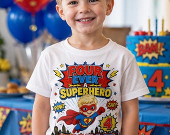 Four Ever a Superhero Shirt, Personalised 4th Birthday Shirt Boy, Comic Book Superhero Birthday Top, Boys Birthday Gift, Custom Hair & name