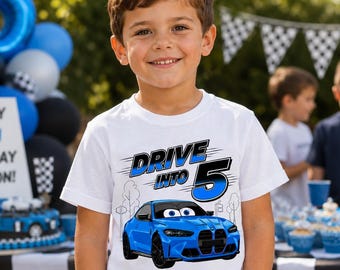 Drive Into 5 Birthday Shirt, Personalised 5th Birthday Boy Tee, Custom Name, Blue Race Car Design, Kids Birthday Party Top