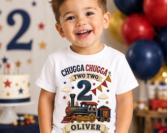 Chugga Chugga Two Two Shirt, Personalised 2nd Birthday Train Shirt, Boys Train Birthday Top with Name, Vintage Train Second Birthday Tee