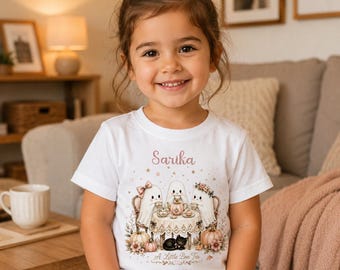 Personalized A Little Boo Tea Shirt, Custom Halloween Ghost Toddler Tee, Cute Spooky Tea Party Outfit for Girls Fall Pumpkin