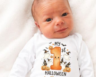 Personalized My First Halloween Baby Bodysuit, Custom Baby Name Romper, Cute Ghost Pumpkin Infant Outfit Gift for Newborn Girl Keepsake