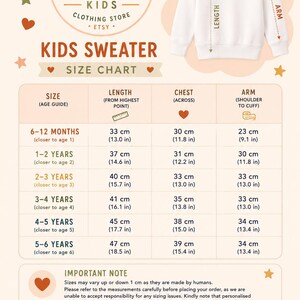The image is a size chart for a kids sweater, providing measurements for different age groups. It includes a label for the "CHEST" and "ARM" measurements, along with a "LENGTH" measurement. The chart is designed to help customers determine the appropriate size for their child based on their age and measurements.