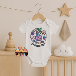 Level 1 Human Baby Grow XP Needed Milk Funny DnD Baby Shower Gift Custom Fantasy RPG Baby Vest for Gamer Parents Newborn Bodysuit image 3