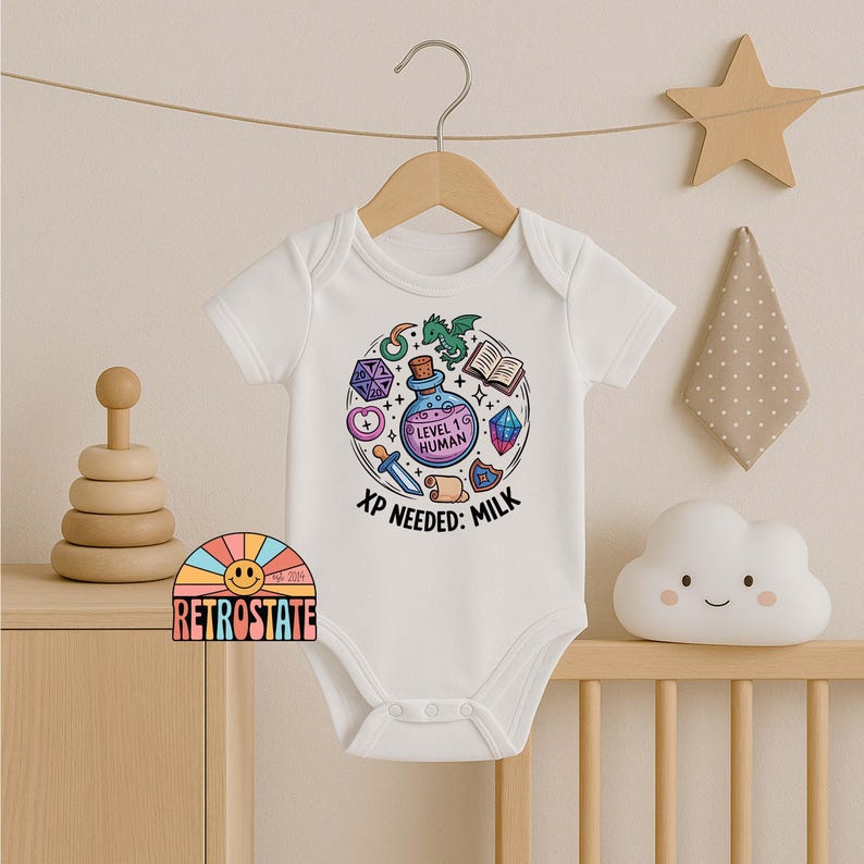 Level 1 Human Baby Grow XP Needed Milk Funny DnD Baby Shower Gift Custom Fantasy RPG Baby Vest for Gamer Parents Newborn Bodysuit image 3