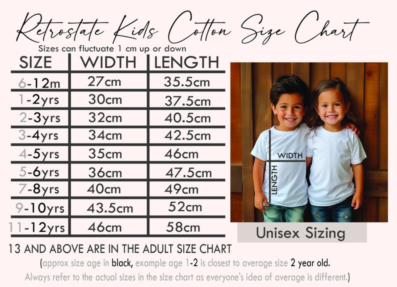 a child's size chart for a t - shirt