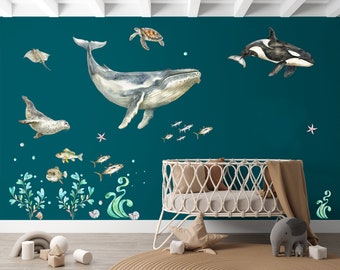 Marine Creatures Wall Stickers for Children's Rooms and Play Areas, Ocean Life Decals, Adhesive Mural Set with Whale, Dolphin Peel and Stick