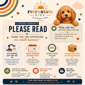 The image is a colorful and informative poster about a clothing store called RetroState Kids, featuring a cute dog and various text elements.