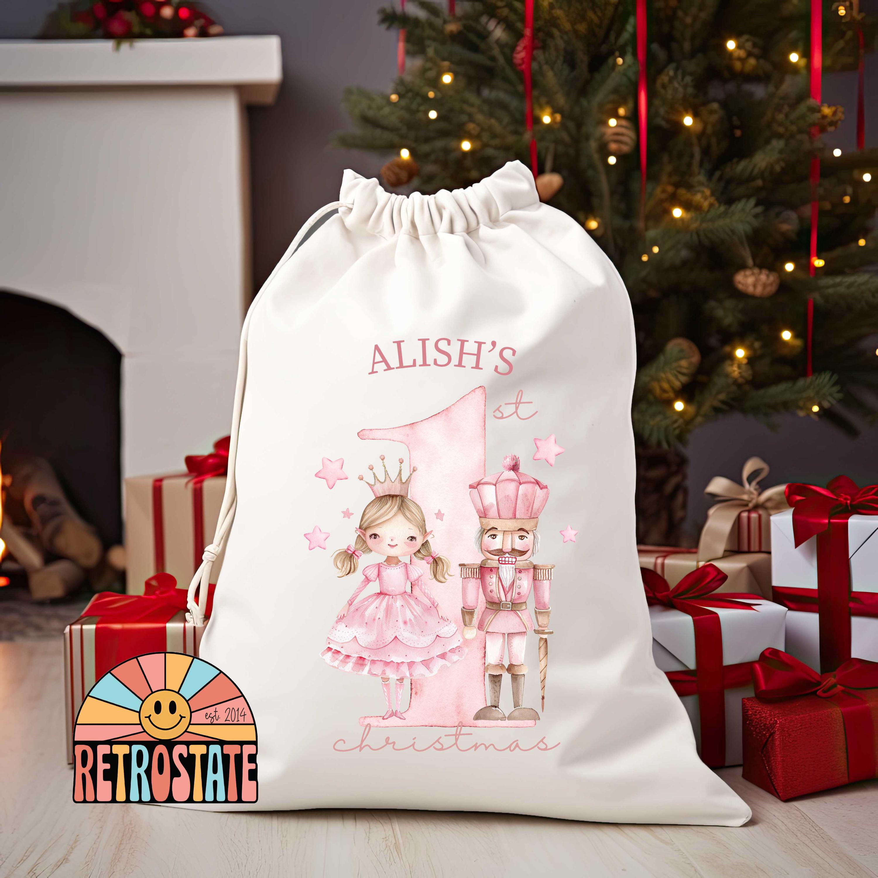 Personalised 1st Christmas Sack With Pink Princess
