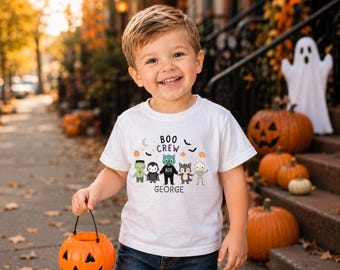 Personalisiertes Halloween Junge Shirt, Name Boo Crew Kleinkind T-Shirt, niedliches Monster Kürbis Geist Kinder Outfit für Süßes oder Saures