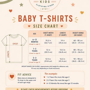 The image is a size chart for baby t-shirts, providing measurements and guidelines for ordering the shirts.