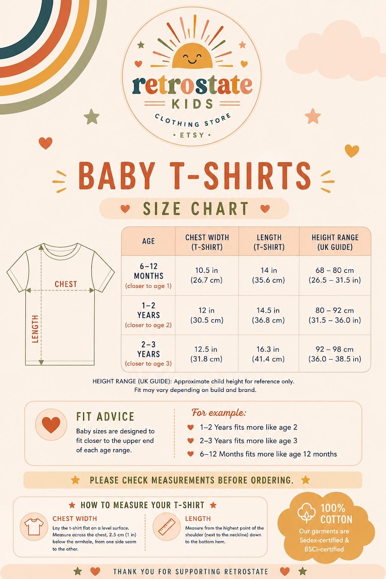 The image is a size chart for baby t-shirts, providing measurements and guidelines for ordering the shirts.