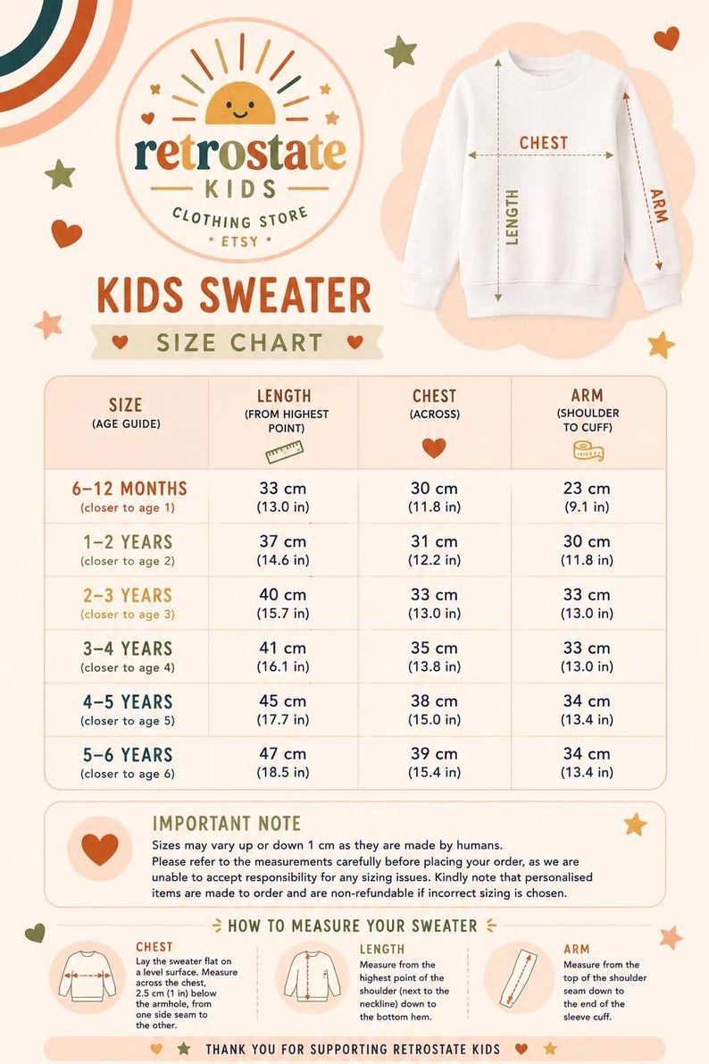 The image is a size chart for a kids sweater, providing measurements for different age groups. It includes a label for the "CHEST" and "ARM" measurements, along with a "LENGTH" measurement. The chart is designed to help customers determine the appropriate size for their child based on their age and measurements.