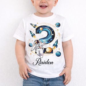 Personalized Space Birthday Shirt for Kids - Custom Outer Space Tee with Planets, Rocket and Astronaut, Unique Space Gift for Boys and Girls afbeelding 1