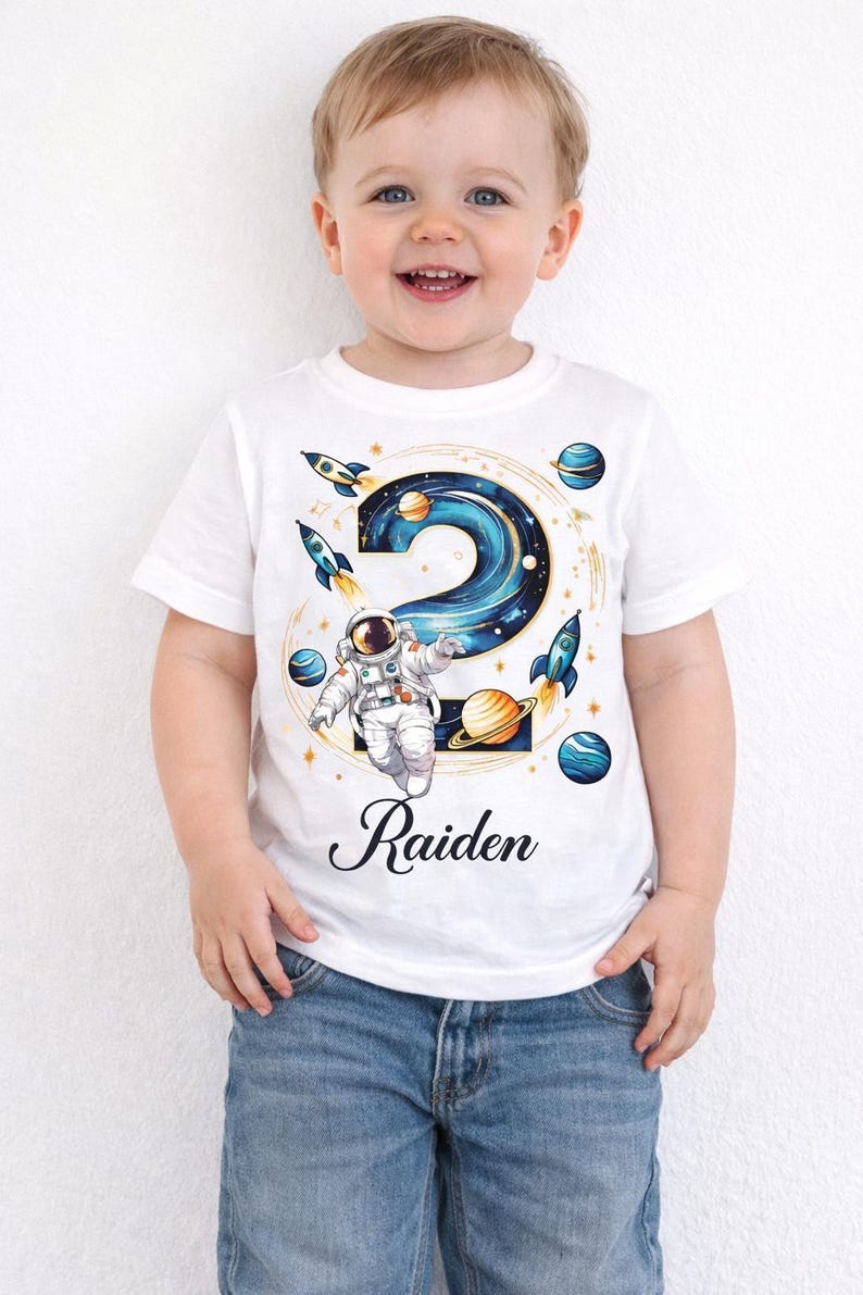 Personalized Space Birthday Shirt for Kids - Custom Outer Space Tee with Planets, Rocket and Astronaut, Unique Space Gift for Boys and Girls afbeelding 1
