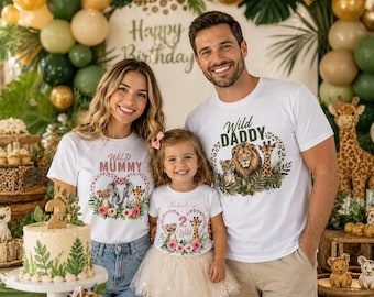 Wilde Safari Familien Shirts Passende Geburtstagsfeier T-Shirts Personalisierte Mama Papa Tante Cousin Dschungel Tier Outfit Set für Kinder Erwachsene