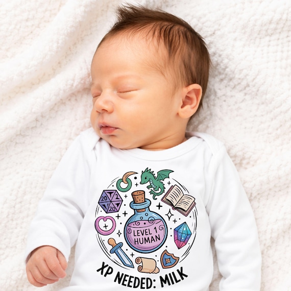 Level 1 Human Baby Grow XP Needed Milk Funny DnD Baby Shower Gift Custom Fantasy RPG Baby Vest for Gamer Parents Newborn Bodysuit