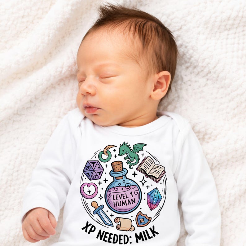 Level 1 Human Baby Grow XP Needed Milk Funny DnD Baby Shower Gift Custom Fantasy RPG Baby Vest for Gamer Parents Newborn Bodysuit image 1