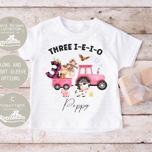 Personalized Girls Farm Birthday Shirt – Three E-I-E-I-O Red Tractor with Animals, Custom Name, First or Third Birthday Outfit