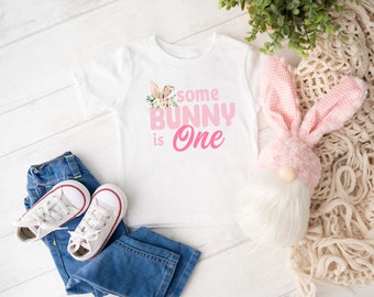 Some Bunny is ONE Romper, , Floral Bunny Birthday Shirt, Spring Rabbit Birthday, Easter Birthday Shirt, Pink Floral, Spring Birthday Gift