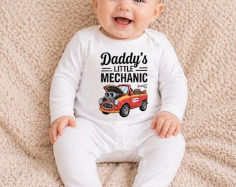 Daddy’s Little Mechanic Baby Bodysuit with Red Car Design, Cute Auto Repair Baby Outfit, Funny Gift for Car Loving Dads and Newborns