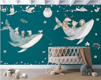 Whale Ocean Animals, Nursery Wall Decal, Watercolor Fairytale Decals, Fox Rabbit Mouse, Forest Animals moon and stars Decal, Baby Room Decor