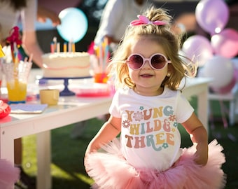 Retro “Young Wild & Three” Toddler T-Shirt – Groovy Third Birthday Tee for Kids
