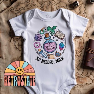 Level 1 Human Baby Grow XP Needed Milk Funny DnD Baby Shower Gift Custom Fantasy RPG Baby Vest for Gamer Parents Newborn Bodysuit image 4