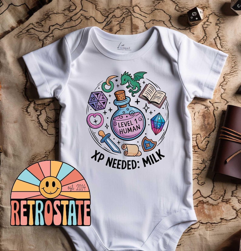 Level 1 Human Baby Grow XP Needed Milk Funny DnD Baby Shower Gift Custom Fantasy RPG Baby Vest for Gamer Parents Newborn Bodysuit image 4