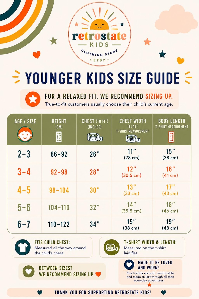 The image is a colorful guide for younger kids' clothing sizes, providing recommendations for different age groups based on their height and age.