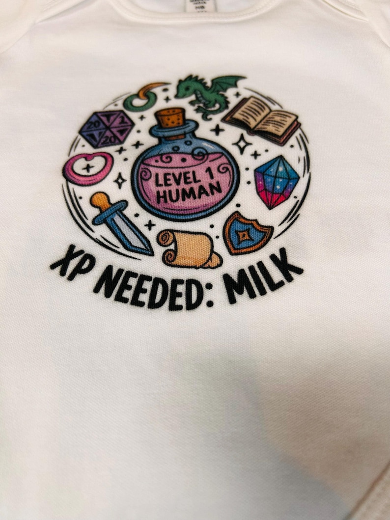 Level 1 Human Baby Grow XP Needed Milk Funny DnD Baby Shower Gift Custom Fantasy RPG Baby Vest for Gamer Parents Newborn Bodysuit image 6