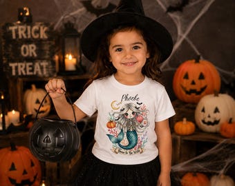 Bone to be Wild, personalisiertes Halloween Meerjungfrau-Shirt für Mädchen, benutzerdefinierter Name Skeleton Mermaid Kleinkind-T-Shirt, niedliches gruseliges, Süßes oder Saures Top