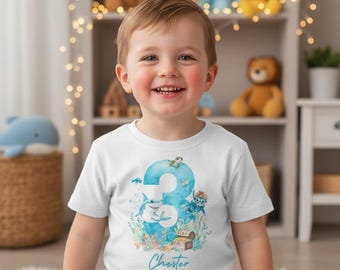 Boys 2nd Birthday Shirt – Under The Sea Ocean Birthday Outfit – Personalised Shark & Diver Tee