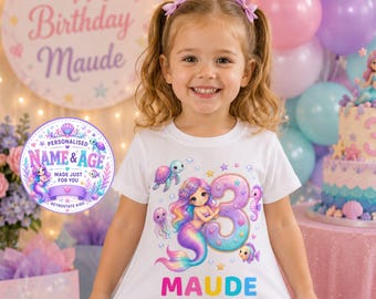 Personalised Mermaid Birthday Shirt, Custom Name and Age Mermaid Tee, Under The Sea Birthday Shirt for Girls, Pastel Mermaid Party Top