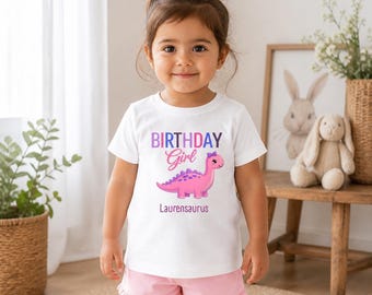 Geburtstagskind Dinosaurier Shirt personalisierte rosa Dino T-Shirt Name Kleinkind Geburtstag Outfit süßes Mädchen Dino Party Shirt Geschenkidee