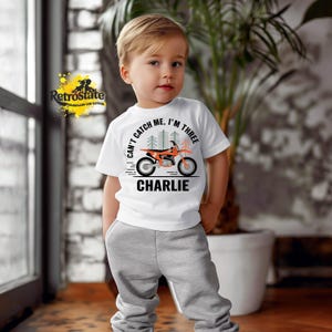Can't Catch Me I'm Three Motocross Birthday Shirt, Custom Name, 3rd Birthday Outfit, Dirt Bike Theme, Personalized Shirt, Motocross Gift image 1
